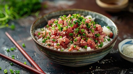   A close-up of a bowl of food on a table, with chopsticks and a small bowl of rice nearby