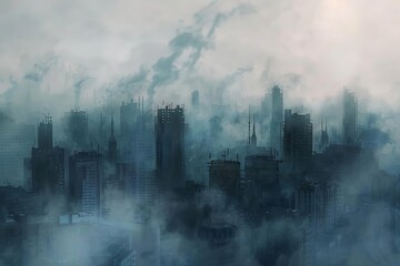 suffocating skyline urban landscape shrouded in smog layers digital painting
