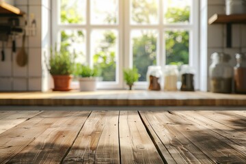 Wooden texture table top on blurred kitchen window background - generative ai