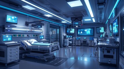 Modern ICU Room - Super Realistic 2D Illustration with Copy Space for Text. Advanced Intensive Care Unit with Monitors and Medical Equipment. High-Tech Environment