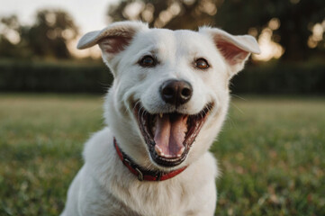 A white dog with a joyful expression on a green lawn in the light of sunset