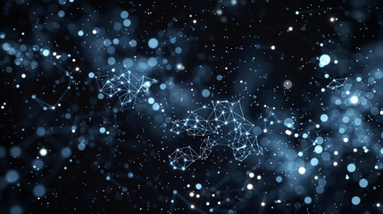 Starry black sky with intricate molecular networks Tiny glowing polygons scattered like stars, representing advanced molecular frameworks.
