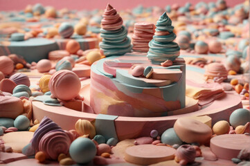 Abstract scene in pastel tones resembling candies and sweets, creating a fantastical and dreamy atmosphere