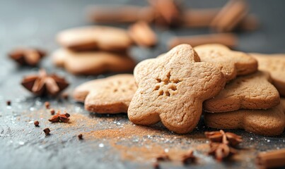 Gingerbread cookies in star shapes with cinnamon sticks on a rustic surface - Powered by Adobe