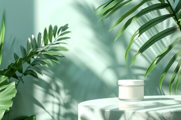 tropical summer background with palm leaves for cosmetic product display 3d render