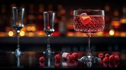   Close-up of wine glass with raspberries in foreground and wine glasses in background