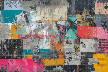 urban graffiti montage weathered concrete canvas vibrant street art pattern