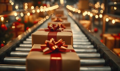 Wrapped gifts on a conveyor belt in a festive setting