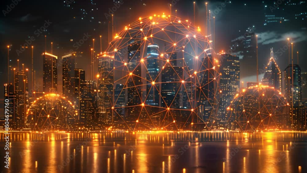 Aufkleber A night view of a city skyline merged with digital network graphics.