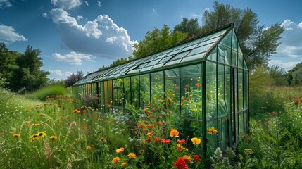 Sharp image of a green glass greenhouse overrun by wild vines and bright flowers in an abandoned estate