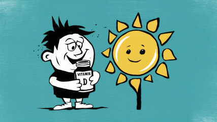 Boy with a jar of Vitamin D against a backdrop of a smiling sun, an illustration of health and well-being