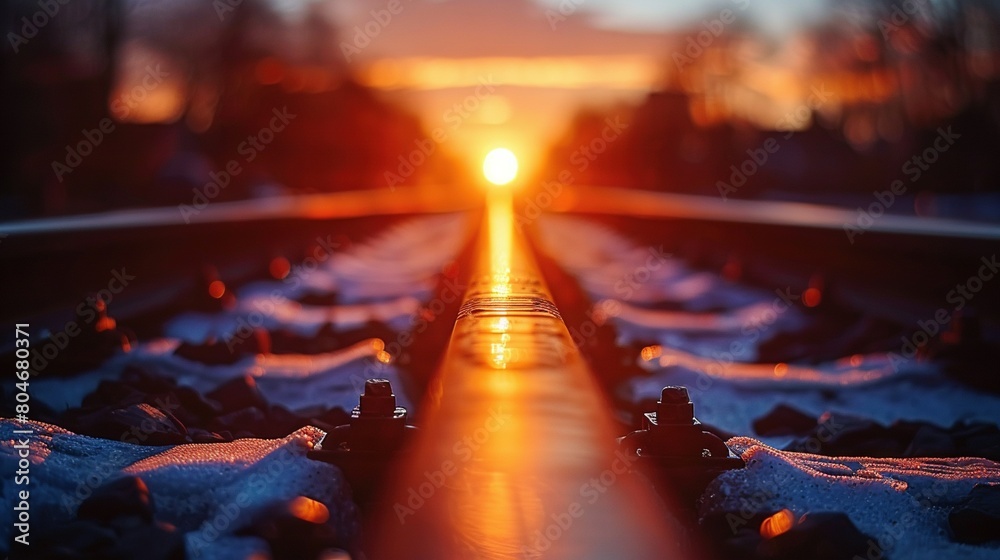 Poster close-up of a train track at sunset with snow on the rails below