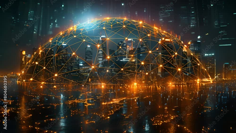 Poster illuminated city skyline with glowing digital network overlay.