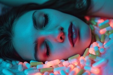 Habitual Addiction to sleeping pills. Sleeping woman with sleep tablets on table. Generate ai