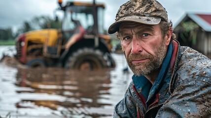 Obraz premium A moving image captures a farmer with tears in his eyes, standing helplessly in his flooded rice field under a dark, cloudy sky.