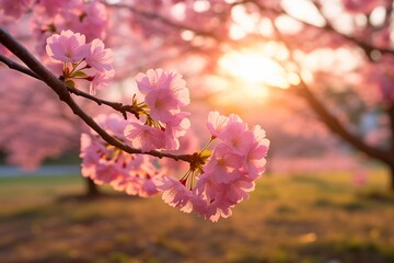 Fototapeta premium Cherry blossoms, sakura in warm lighting.
