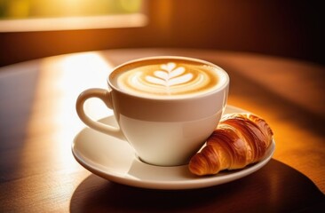 Cappuccino with foam and croissant on white plate on a wooden table for breakfast, morning, bakery for coffee time, cinematic style, minimalism