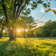 sunrise in the forest, morning sunrise, misty sun rays