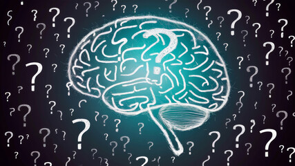 Brain illustration surrounded by question marks, symbolizing the thinking process and problem solving