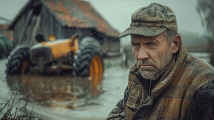 Fototapeta premium A moving image captures a farmer with tears in his eyes, standing helplessly in his flooded rice field under a dark, cloudy sky.