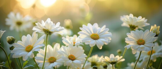 A Field of Daisies With Sun Setting in Background