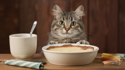 Curious cat studying a pie on a wooden table, surrounded by colored candles and a cup with a spoon