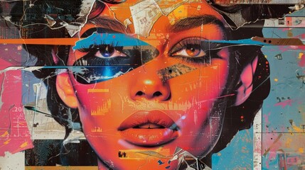 Create a photorealistic portrait of a woman with a collage effect