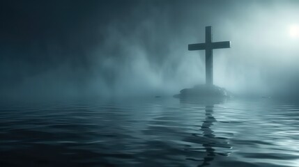 A somber and atmospheric depiction of a cross shrouded in mist, emerging from dark waters. Symbolic of hope amidst turmoil. Concept of redemption, mystery, and the steadfastness of faith