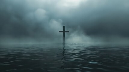 Naklejka premium A somber and atmospheric depiction of a cross shrouded in mist, emerging from dark waters. Symbolic of hope amidst turmoil. Concept of redemption, mystery, and the steadfastness of faith