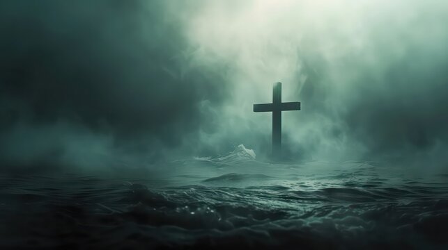 A somber and atmospheric depiction of a cross shrouded in mist, emerging from dark waters. Symbolic of hope amidst turmoil. Concept of redemption, mystery, and the steadfastness of faith