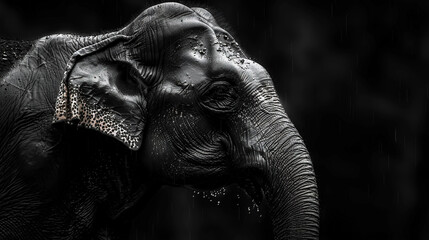  An elegant black-and-white image captures an elephant lifting its trunk while its head rests in mid-air