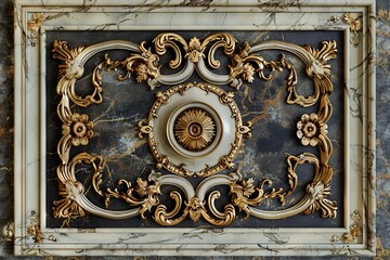 Lavish antique baroque, barocco ornate marble ceiling frame non linear reformation design. elaborate ceiling with intricate accents depicting classic elegance and architectural beauty