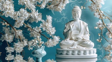 Buddha statue in White color with white flowers around, Buddha Statue with Blue Background, Buddhist holy day commemorating Siddhartha
