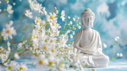 Buddha statue in White color with white flowers around, Buddha Statue with Blue Background, Buddhist holy day commemorating Siddhartha