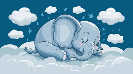 Cute baby elephant sleeping on clouds under starry sky, dreamy atmosphere illustration for children's room or book