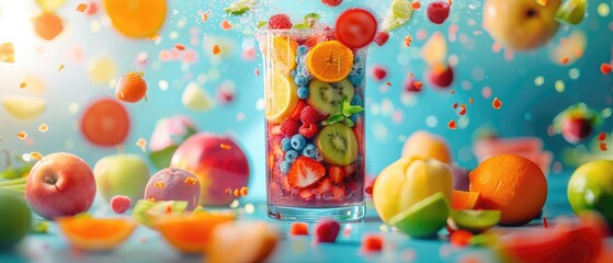 A glass of fruit juice with a variety of fruits exploding out of it in slow motion.