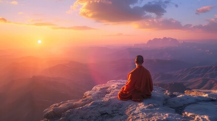 Buddhist monk in meditation on mountaintop at beautiful sunset or sunrise