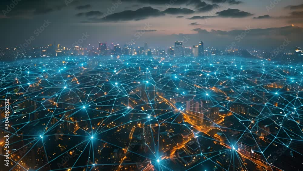 Poster dusk settles over a city intertwined with a glowing digital network overlay.