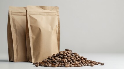 Sealed brown coffee packaging next to a pile of roasted coffee beans on a white surface