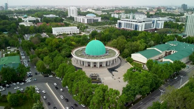 Aerial view of Amir Timur museum in Tashkent, Uzbekistan.  View of the city and the road