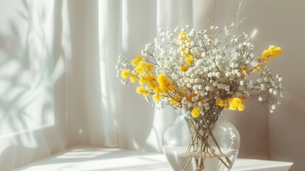 A striking photo capturing the beauty of Acacia dealbata also known as silver wattle or yellow mimosa adorned with delicate white gypsophila in a glass vase against a backdrop of a white ho - obrazy, fototapety, plakaty