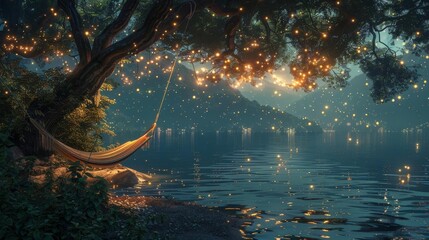 Relaxing lakeside hammock under a starlit sky.