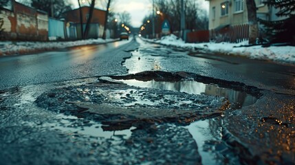 City road surface in bad condition with numerous potholes, asphalt street pavement damage