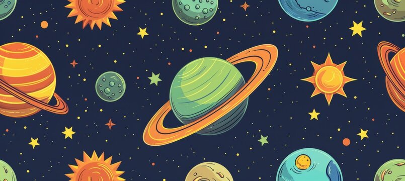 Whimsical cartoon planets and stars seamless pattern on a midnight blue background