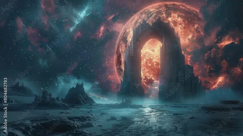 Aufkleber a large red planet with a large archway in the middle of it. the sky is dark and the stars are visib