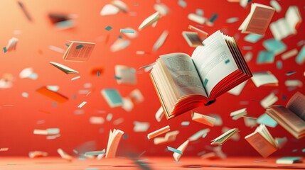   An open book soaring through the sky, surrounded by books and confetti cascading from it