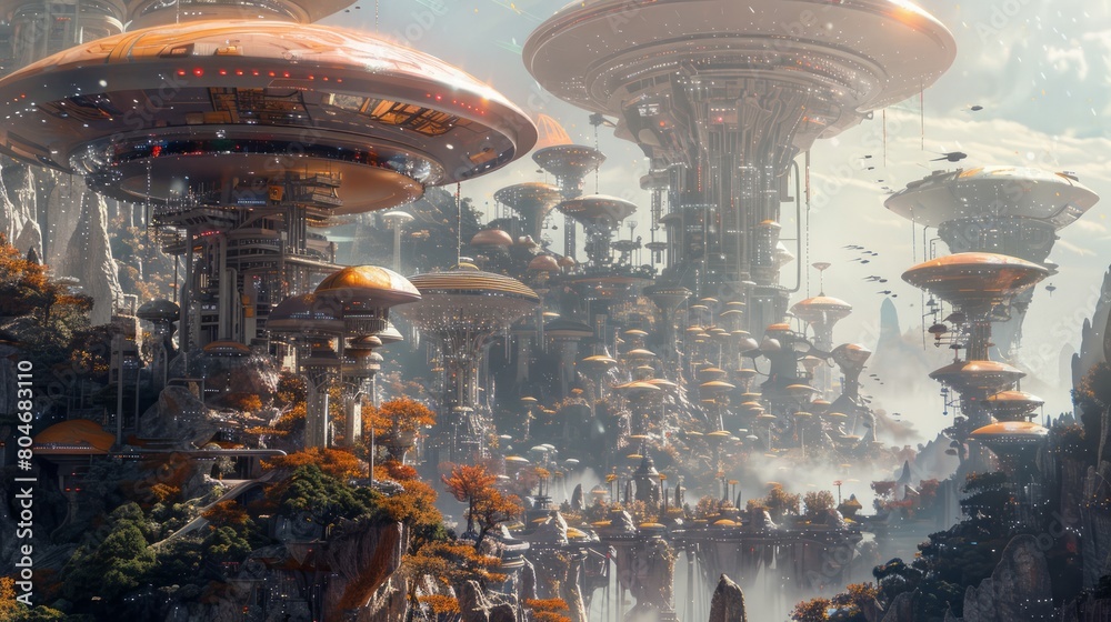 Poster a futuristic cityscape with orange and yellow buildings and a lot of trees. scene is one of wonder a