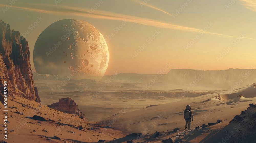 Poster a man is walking on a desert planet with a large moon in the background. the scene is peaceful and s