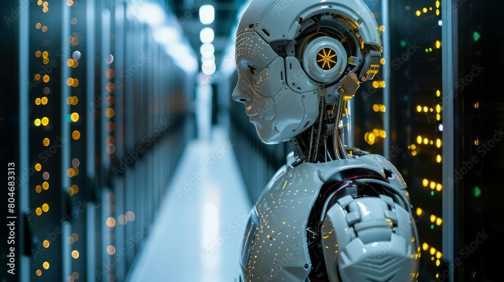 Poster a robot stands in a large room with many lights. the robot is white and has a human-like face. the r