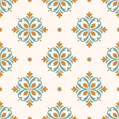 Green and orange luxury vector seamless pattern. Ornament, Traditional, Ethnic, Arabic, Turkish, Indian motifs. Great for fabric and textile, wallpaper, packaging design or any desired idea.